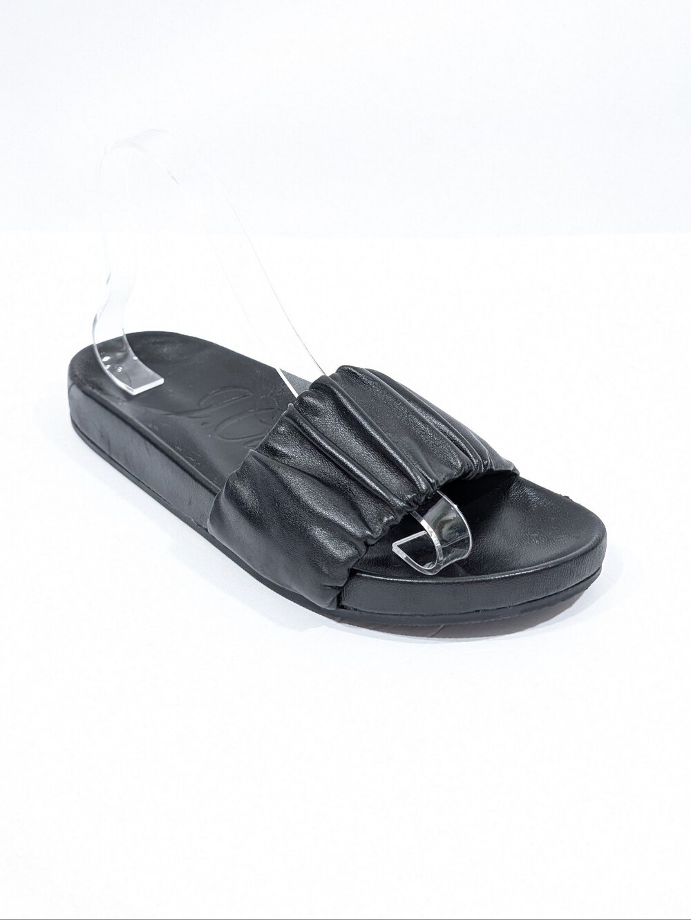 J Crew Pacific Black Leather Slides 7.5 Women Slip on Sandals scrunchie